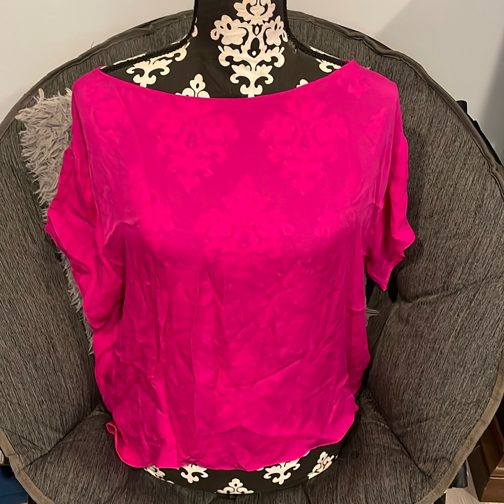 CHRISTINE ALCALAY 100%Silk Loose Fit Pink/Fuchsia Short Sleeve Blouse Size Small